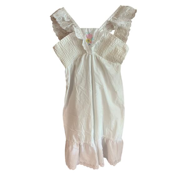 Handmade Dresses & Skirts - vintage sundress white with eyelet lace straps and embroidered flower logo midi